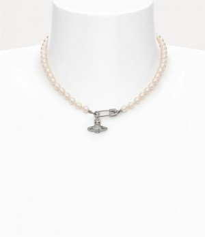 Vivienne Westwood Lucrece Pearl Necklace Platinum / Light Creamrose Pearl / White Cz | 387921ORE