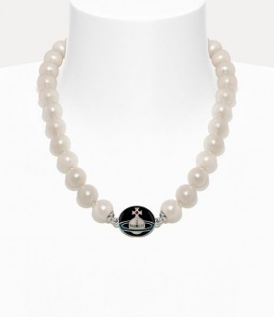 Vivienne Westwood Man. Loelia Large Pearl Necklace Platinum/Black,Off-white,Green,Red | 805134DCR