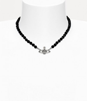 Vivienne Westwood Messaline Choker Platinum / Ruthenium / Black Agate Gemstone / Jet | 138209LNQ