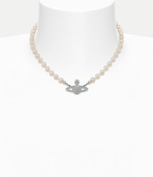 Vivienne Westwood Mini Bas Relief Pearl Choker Platinum / Crystal / Pearl | 427983ZVC