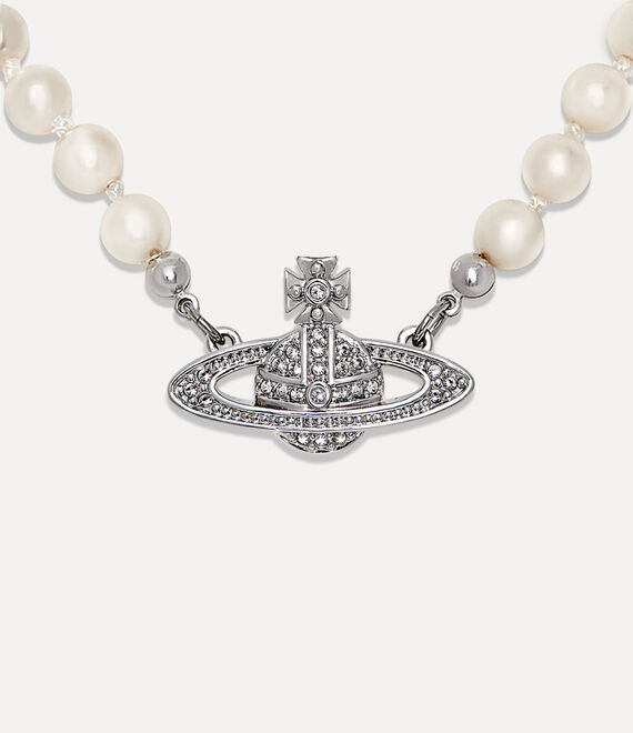 Vivienne Westwood Man. Mini Bas Relief Pearl Necklace Platinum / Cream Pearl / Crystal | 604215LPU