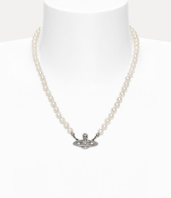 Vivienne Westwood Man. Mini Bas Relief Pearl Necklace Platinum / Cream Pearl / Crystal | 604215LPU