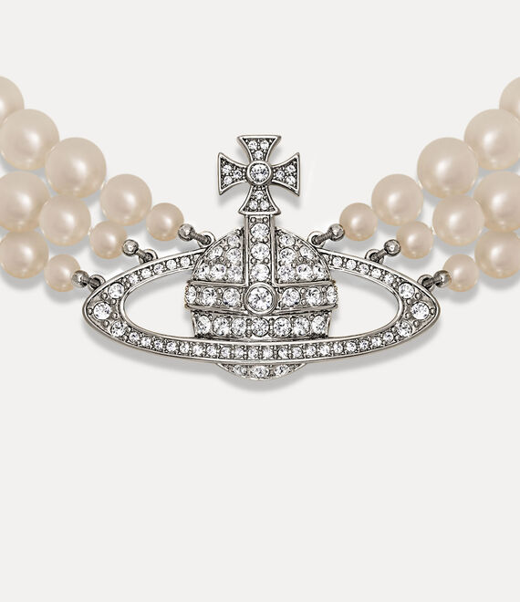 Vivienne Westwood Three Row Pearl Bas Relief Choker Platinum/Pearl/Crystal | 015497IHM