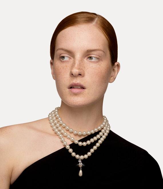 Vivienne Westwood Three Row Pearl Drop Choker Platinum/Pearl/Multi | 693142VDX