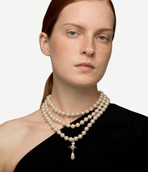 Vivienne Westwood Three Row Pearl Drop Choker Platinum/Pearl/Multi | 693142VDX